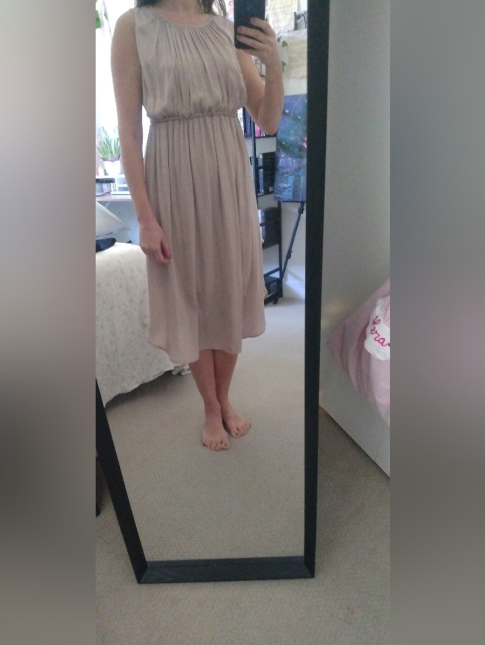 Anthropologie Pleated Sleeveless Midi Dress in Taupe